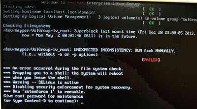 UNEXPECTED INCONSISTENCY; RUN fsck MANUALLY が表示された状態