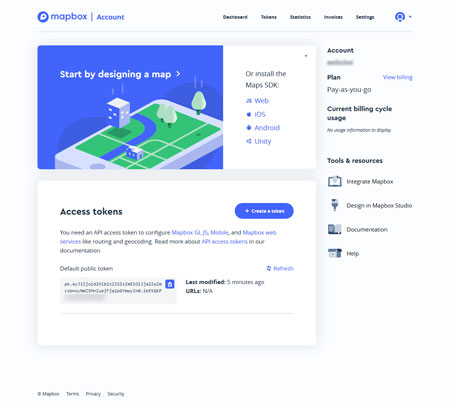Mapbox にログインした後のアカウント画面