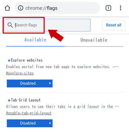 URL 欄に chrome://flags を入力する